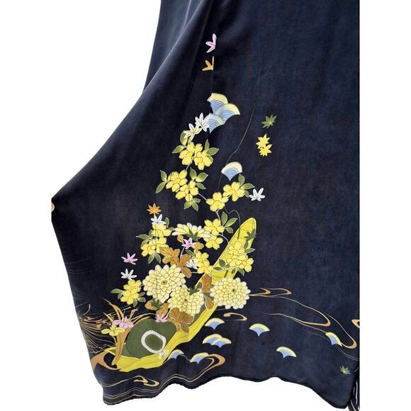 Citron Santa Monica 100% Silk Kimono Brushed Black yellow floral Border Print OS - Picture 7 of 8